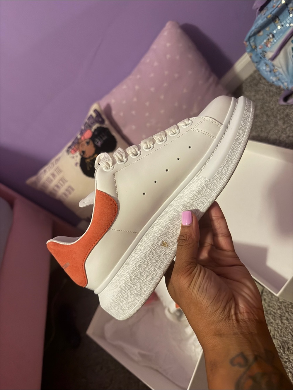 Alexander McQueen White Leather Sneaker with Coral Heel Tab